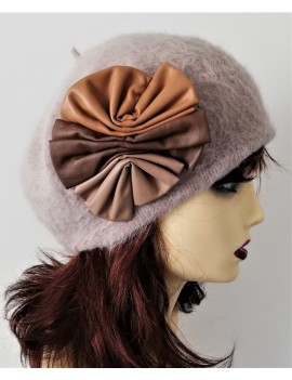 Béret Taupe Deco Cuir Angora